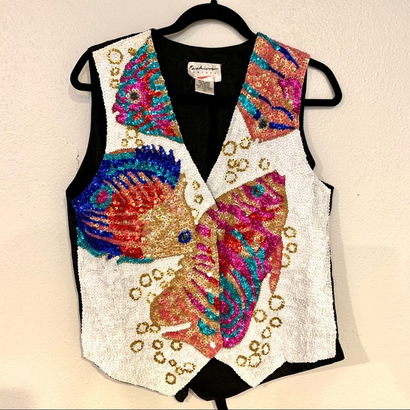 Vintage Jackets & Blazers - Vintage Fashion Fantasy Sequins Fish Vest Size Med